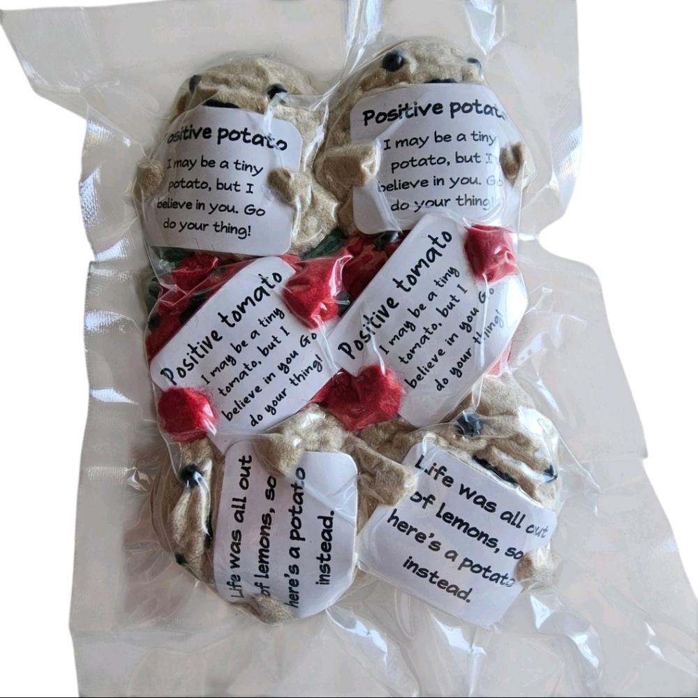 Postive Potato & Tomato Lot Of 6 Crocheted Plush Motivation For Friends & Family